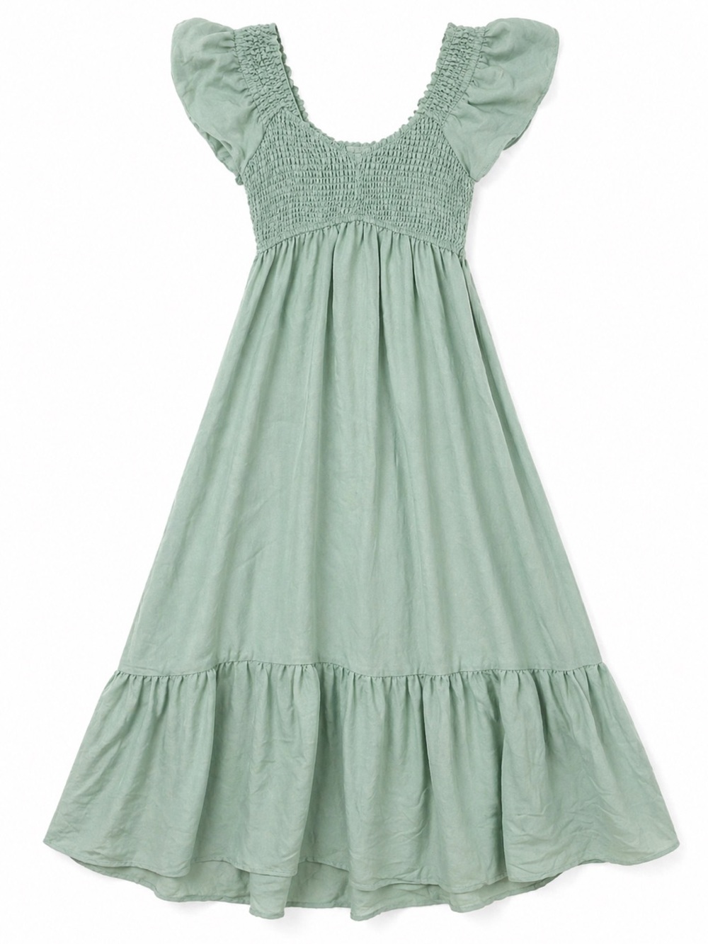 August Sky Sz S Babydoll Stretch Tiered Midi Dress Sage Green Smocked Top